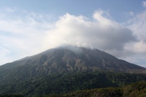 ▲城山山頂の展望台から噴煙を上げる桜島を見る